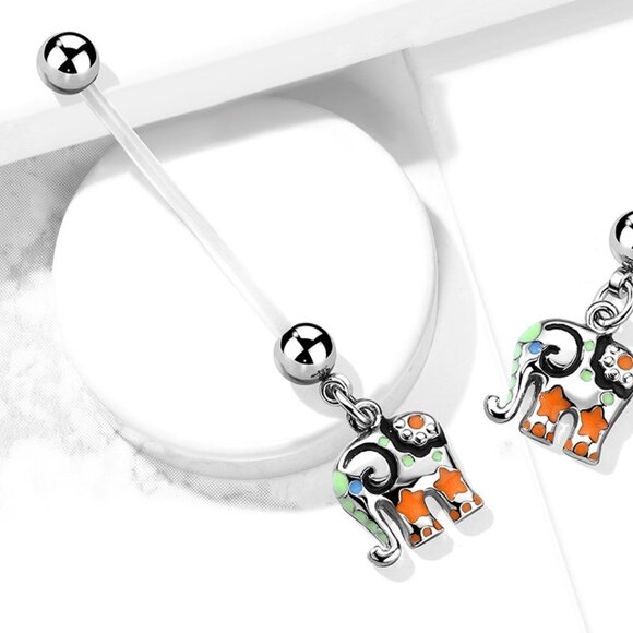 Colorful Elephant Pregnancy Belly Ring Bioflex w/316L Surgical Steel Balls - Picture 1 of 4